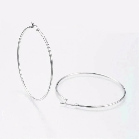 Surgical Stainless Steel Silver Round Minimalist Hoop Earrings 70mm - Picture 2 of 2